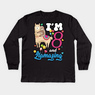 I'm 8 Years Old and Llamazing funny 8th birthday sloth llama Kids Long Sleeve T-Shirt